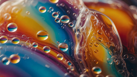 Macro shot of rainbow-colored oil and water droplets, capturing vibrant hues, intricate reflections, and mesmerizing abstract patterns with a glossy, liquid texture.の素材