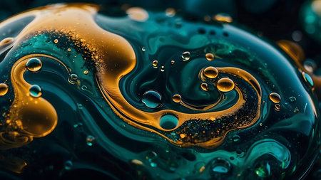 Macro view of bubbles on a dark swirling surface, showcasing glossy textures, fluid motion, intricate reflections, and a mysterious abstract liquid composition.の素材