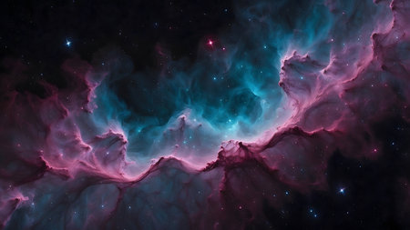 A breathtaking view of a deep space nebula filled with swirling blue and pink gas clouds, illuminated by distant starlight, creating a cosmic and ethereal atmosphere.の素材