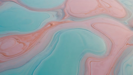 Fluid art with pink, peach, and blue paint, creating abstract flowing patterns with vibrant color contrasts and organic textures.の素材