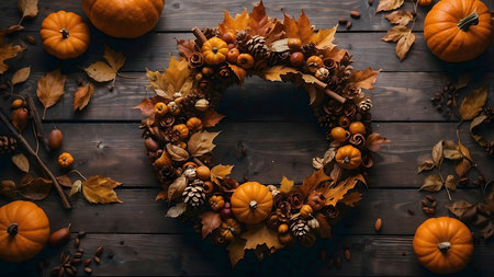 Beautiful autumn wreath decorated with small pumpkins, colorful fall leaves, acorns, pinecones, and berries, placed on rustic wooden background, warm seasonal atmosphereの素材