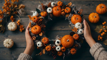 Hands gently holding a beautiful autumn wreath decorated with small pumpkins, pinecones, colorful leaves, acorns, and berries, rustic seasonal design, cozy harvest atmosphere,の素材