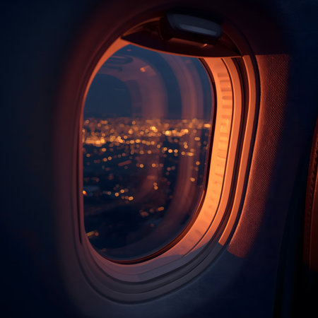 The Art of Private Aviation: Luxury in Motion. Close-up, ultra-realistic photograph of an aircraft window interior at night. The shot showcases the triple-paned acrylic glassの素材