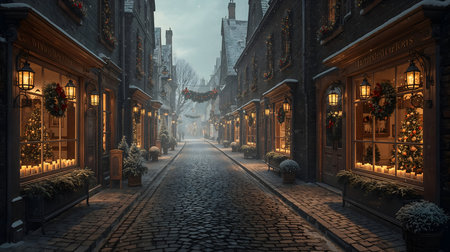 Series: Christmas Magic: A Holiday Aesthetics Collection. Detailed scene of a small European town street with warm glowing windows, Christmas decorations, and softly falling snow.の素材