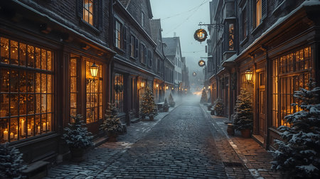 Series: Winter Magic: Christmas Atmospheres.Highly detailed scene of European cobblestone street with warm glowing windows, Christmas wreaths, and garlands. Softly falling snowの素材