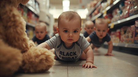 Series:BLACK FRIDAY: Anatomy of Consumerism. A poignant social commentary depicting the startling determination on infants' faces as they navigate a toy store battlefield, suggestiの素材