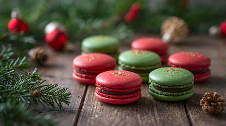 Festive red and green Christmas macarons with elegant holiday styling. Perfect for bakery advertising, Christmas branding, winter menus, packaging, and social media visuals.の素材
