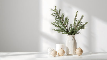 Christmas Home Decor Collection. Bright Scandinavian minimalist Christmas setup with natural materials, simple ornaments and soft daylight. Suitable for modern brands, cleanの素材