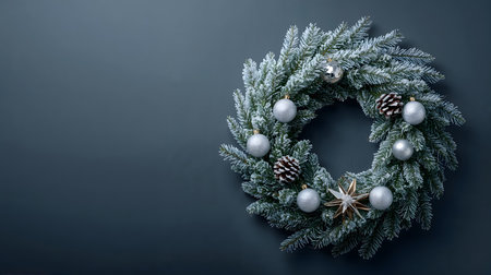 Snow-dusted Christmas wreath with frosted pine needles and elegant silver ornaments in cool winter lighting.の素材