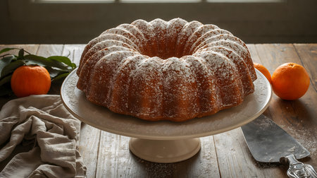 Homemade orange bundt cake dusted with powdered sugar on a rustic wooden table. Cozy winter dessert with citrus flavor, ideal for baking blogs, recipes and seasonal food promotionsの素材