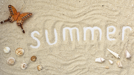 Summer white letters with butterfly and seashells on sandy background. Summer flatlay.の写真素材