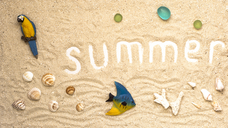 Summer white letters with seashells and details on sandy background. Summer flatlayの写真素材