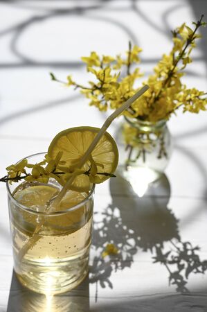 Fresh lemonade with yellow flowers on the table.の写真素材