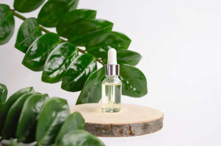 Bottle with cosmetic product on wooden podium and background made of green leaves. Front view.の写真素材