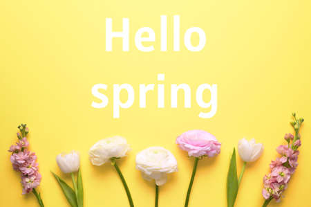 Spring composition frame with beautiful spring flowers on yellow background. Valentines, womens, mothers day, love concept. 8th of march.の写真素材