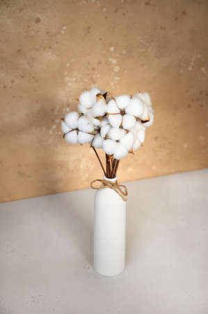 Cotton flowers in white vase on a table with beautiful background.の写真素材