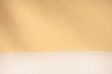 Pastel background with sand and shadow of leaves . White and beige colors. Front view. Copy space. Desigh for you product.の写真素材