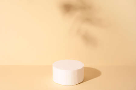 White round podium for cosmetic product against beige background and shadow of leaves. Front view.の写真素材