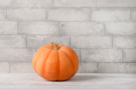 Autumn composition with pumpkin on grey brick background. Thanksgiving day concept. Front view, copy spaceの写真素材