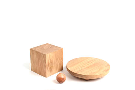 Wooden podium on white background for product.の写真素材