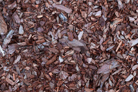 Background with brown mulch for gardening. Top viewの写真素材