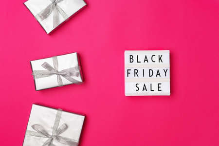 Lightbox with text black friday sale on red background. Top view, flat layの写真素材
