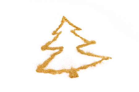 Christmas tree made of golden glitter. Christmas, winter, new year concept. Flat lay, top view, copy space.の写真素材