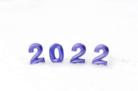 Festive golden numbers in the center on white winter background with snow . New year concept. Trendy...