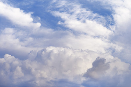 Blue sky background with white clouds on a sunny dayの写真素材