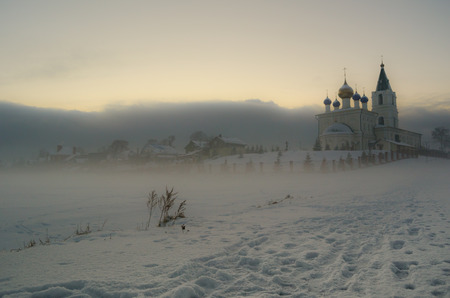 church Saint Michaels in Bolshoye Kozino Nizhny Novgorod region Russia at the sunset of 26 november 2016のeditorial素材