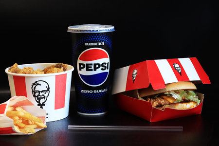 Kyiv, Ukraine - October 20, 2024: KFC fast food on a dark background. Selected dishes from the KFC menu. Bucket with strips, cheeseburger, french fries and Peps. KFC fast food restaurant. Food