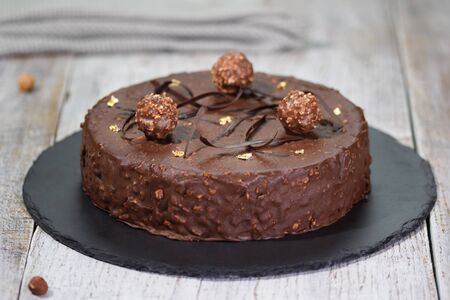 Tasty chocolate cake on tableの写真素材