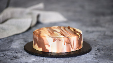 Delicious coffee mousse cake with mirror glaze. Modern dessert.