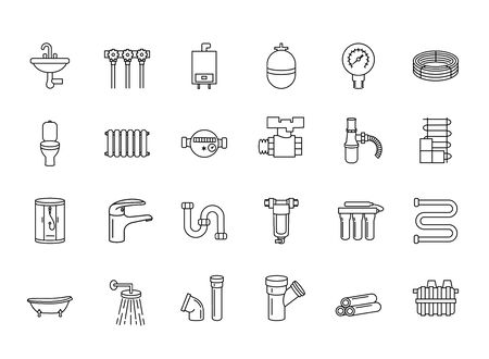 Set of plumbing icons. Plumber faucet water filter, piping, septic bathtub valve water meter tap, sewer washbasin, restroom,shower stall sink bath washing machine dishwasher bidet water supply.のイラスト素材