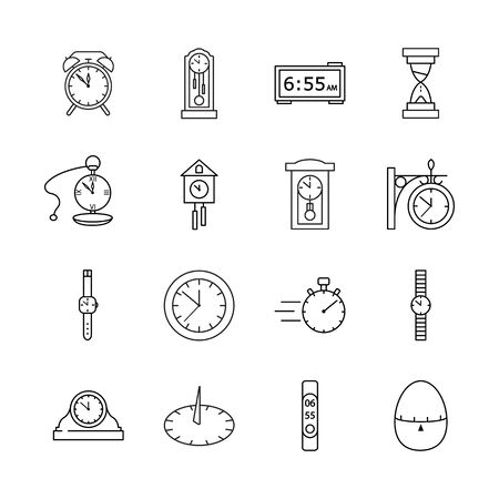 Clock flat line icon set. Different kinds of watches. Vector illustration wrist watch, alarm, Cuckoo-clock, for website design or printed matirials store. Editable stroke.のイラスト素材