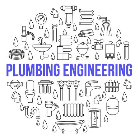 Circle banner with flat line icons of plumbing engineering and service on a white background. Template for plumbing store. In the center you can write any text. Concept for web posters and printed materialsのイラスト素材