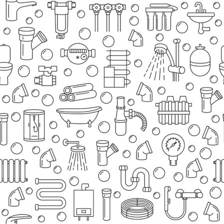 Seamless pattern with plumbing service flat line icon on a white background. Concept for web banners and printed materials Template for plumbing store.のイラスト素材