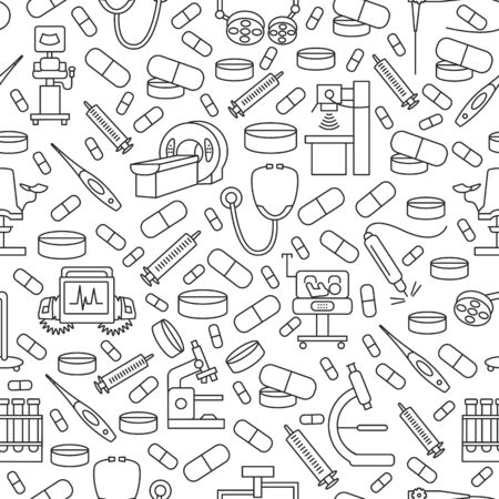 Seamless medical equipment pattern with flat line icon.のイラスト素材