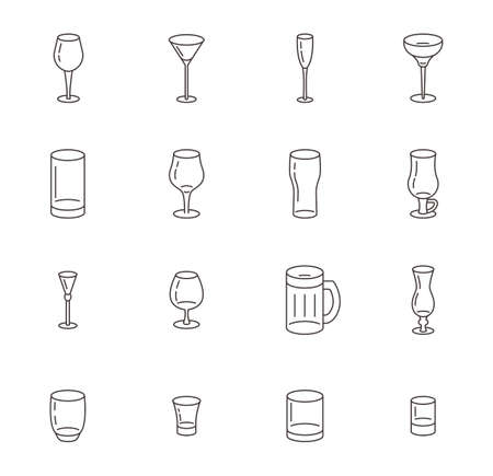 Icon set of different types of glasses for wine, beer and cocktails.のイラスト素材