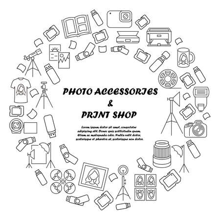 Photo accessories and equipment circle banner. Template for print shop. Copy center. Photos of the documents. Digital and optical technology. Design and printing on mugs and t-shirts.のイラスト素材