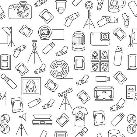 Seamless pattern with photo equipment and accessories flat line icon for print shop or copy center.のイラスト素材