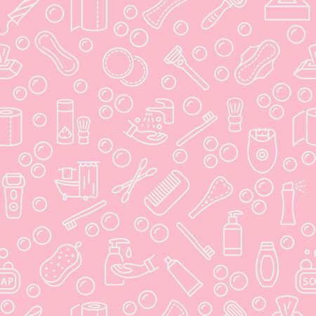 Seamless pattern with vector line flat icon. Personal hygiene products. Pink background color and white symbols. Womens and mens individual hygiene itemsのイラスト素材