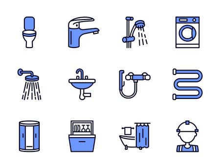 Plumbing flat line icon set blue color. Vector illustration water supply, plumber, faucet, bathtub, restroom, shower stall, sink, washing machine, dishwasher. Editable strokesのイラスト素材