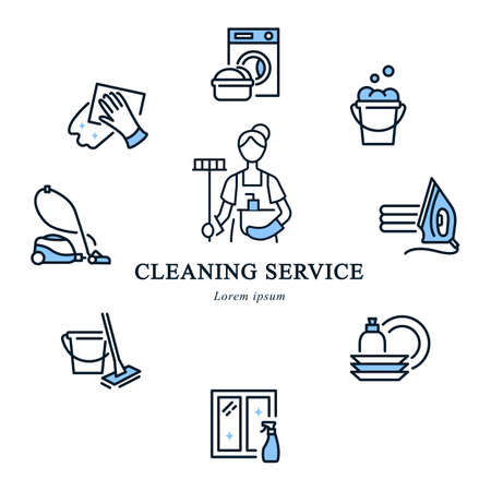 Cleaning service circle banner with flat line icons. In the center is a cleaning lady icon.のイラスト素材