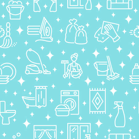 Cleaning service seamless pattern with flat line white icon on a turquoise background.のイラスト素材