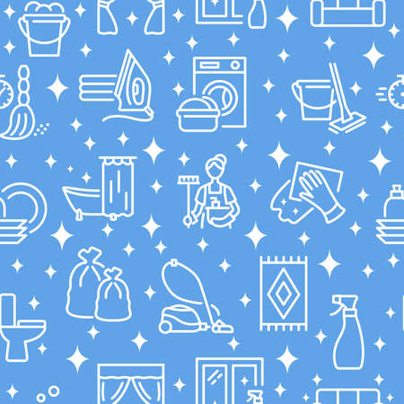 Cleaning service seamless pattern with flat line white icon on a blue background.のイラスト素材