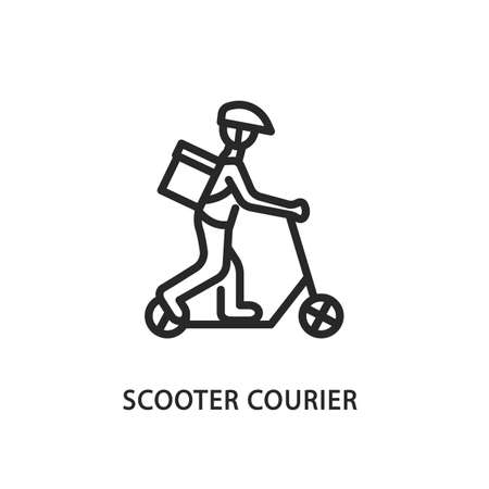 Food delivery scooter flat line icon. Vector illustration electric scooter courier with helmet and package product boxのイラスト素材
