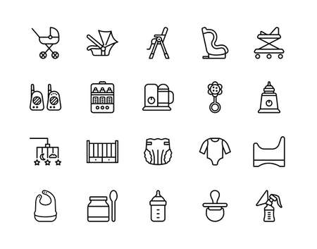 Baby items flat line icons set. Vector illustration necessary things for the baby and parents. Editable strokesのイラスト素材
