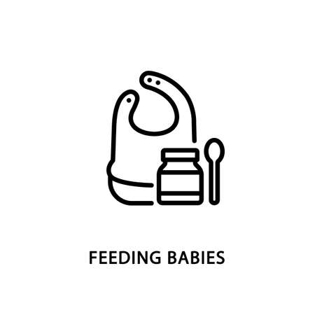 Feeding babies flat line icon. Vector illustration bib and baby puree jar and spoon. Start eating solid food with babyのイラスト素材
