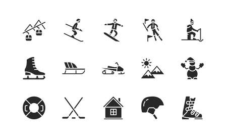 Winter sport flat glyph icons set. Vector illustration ski resort symbols, included skier, slalom, snowboarder, cableway, equipment.のイラスト素材